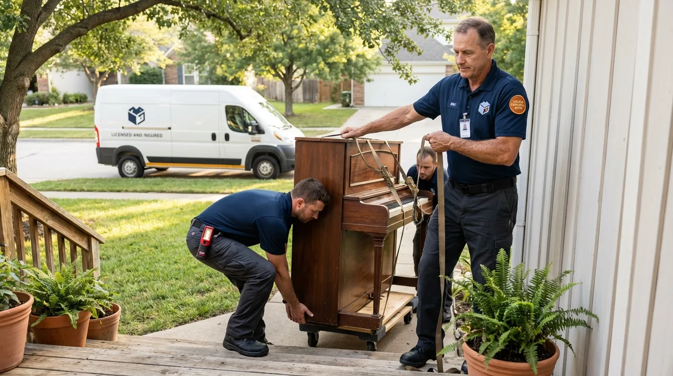 Licensed piano movers securing grand piano in Spencer, WI