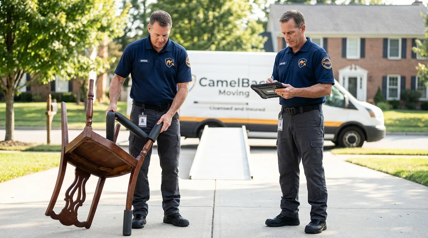 Movers inspecting furniture for damage prevention before loading in Spencer, WI