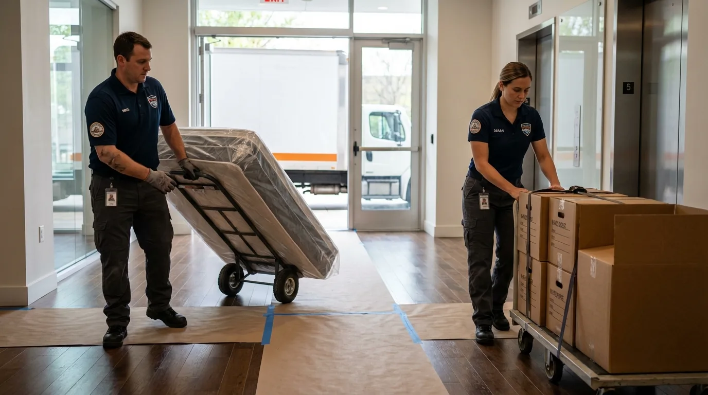 Professional apartment movers loading elevator in Spencer, WI