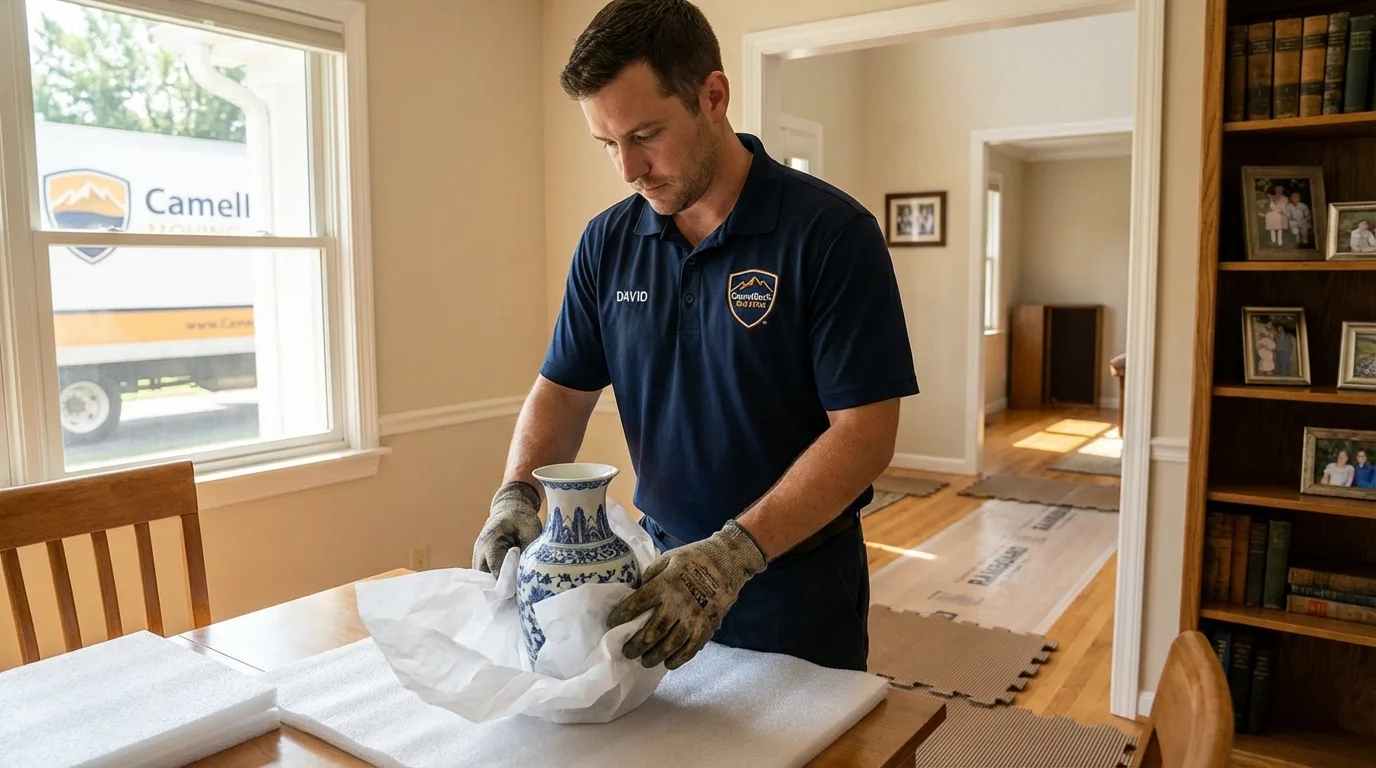 Professional crew carefully wrapping antique vase for senior downsizing move in Spencer, WI